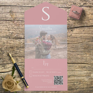 Monogram Moderne foto Roze QR-code All In One Uitnodiging