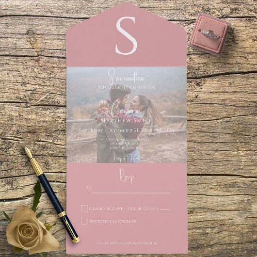 Monogram Moderne Foto Stusty Roze Geen diner All In One Uitnodiging