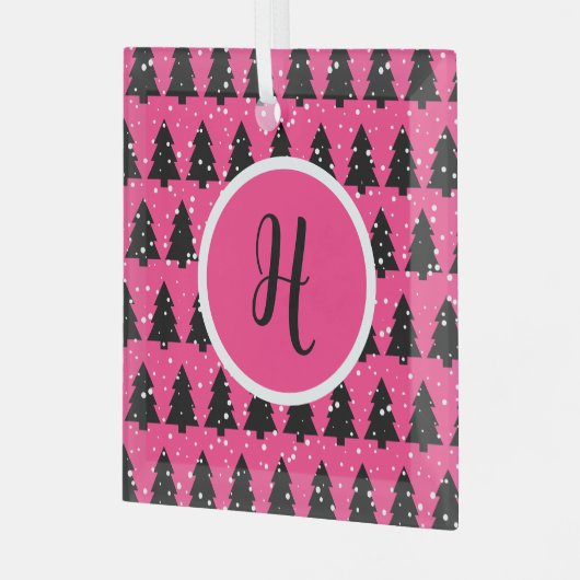 Monogram moderne Fuchsia & Black kerstboom Glas Ornament (Voorkant links)