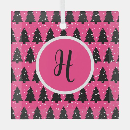 Monogram moderne Fuchsia & Black kerstboom Glas Ornament (Voorkant)