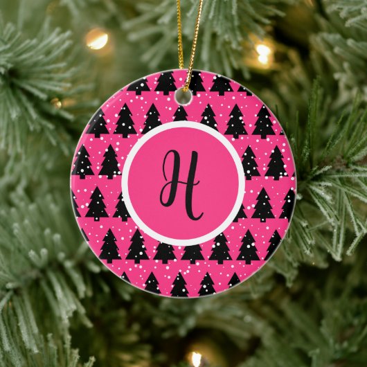 Monogram moderne Fuchsia & Black kerstboom Keramisch Ornament (Boom)