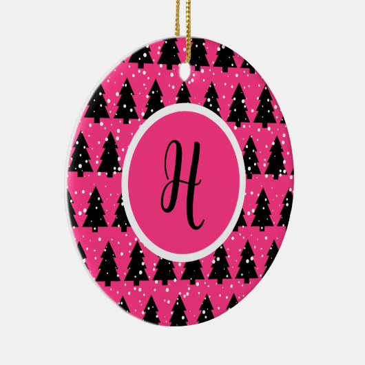 Monogram moderne Fuchsia & Black kerstboom Keramisch Ornament (Rechts)