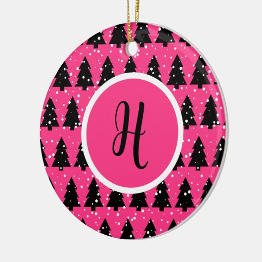 Monogram moderne Fuchsia & Black kerstboom Keramisch Ornament (Links)