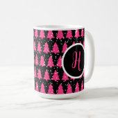Monogram moderne Fuchsia & Black kerstboom Koffiemok (Voorkant rechts)