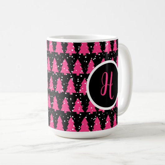 Monogram moderne Fuchsia & Black kerstboom Koffiemok (Voorkant rechts)