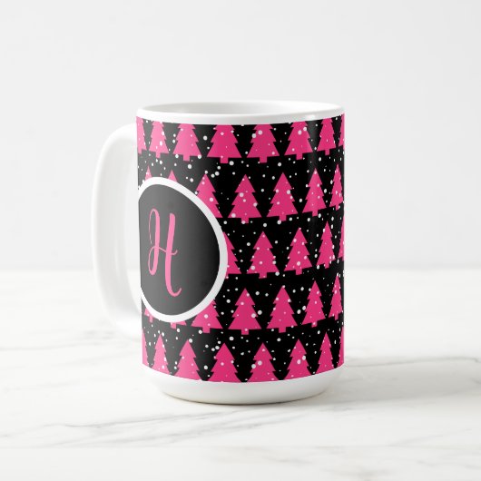Monogram moderne Fuchsia & Black kerstboom Koffiemok (Voorkant links)