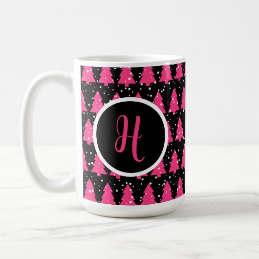 Monogram moderne Fuchsia & Black kerstboom Koffiemok (Links)