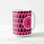 Monogram moderne Fuchsia & Black kerstboom Koffiemok (Voorkant rechts)