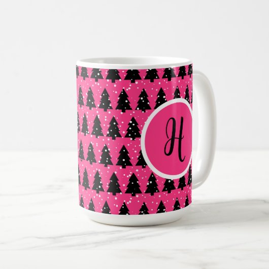 Monogram moderne Fuchsia & Black kerstboom Koffiemok (Voorkant rechts)