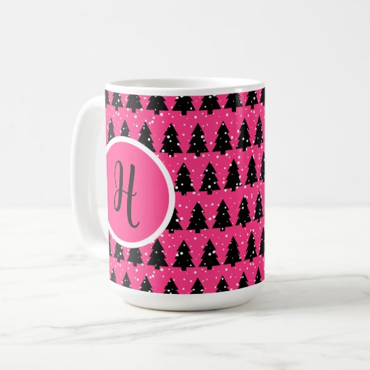 Monogram moderne Fuchsia & Black kerstboom Koffiemok (Voorkant links)