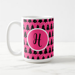 Monogram moderne Fuchsia & Black kerstboom Koffiemok