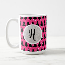 Monogram moderne Fuchsia en zwarte kerstboom Koffiemok