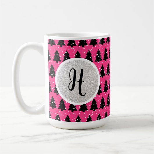 Monogram moderne Fuchsia en zwarte kerstboom Koffiemok (Links)