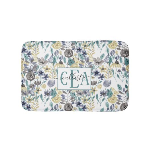 Monogram moderne Gele Floral Waterverf Badmat (Voorkant)
