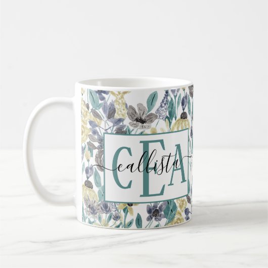 Monogram moderne Gele Floral Waterverf Koffiemok (Links)