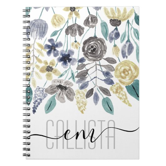 Monogram moderne Gele Floral Waterverf Notitieboek (Voorkant)