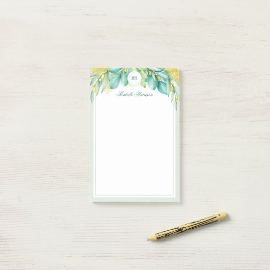 Monogram Moderne Greenery Eucalyptus Leaves Olive Post-it® Notes (Op bureau)