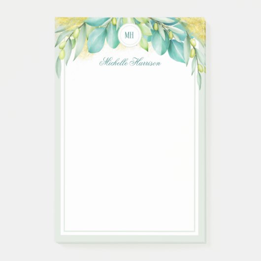 Monogram Moderne Greenery Eucalyptus Leaves Olive Post-it® Notes (Voorkant)
