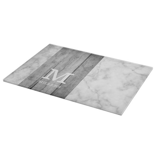 Monogram moderne grijze marmer- en houtfamilie snijplank (Hoek)