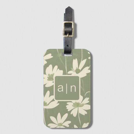Monogram Moderne Groene Bloemen Bagagelabel (Voorkant (verticaal))