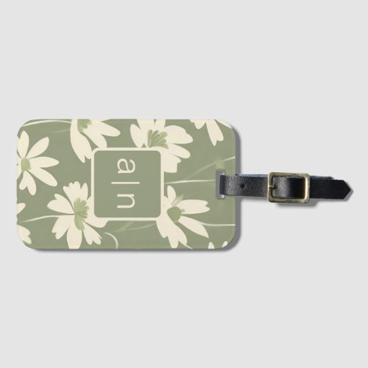 Monogram Moderne Groene Bloemen Bagagelabel (Voorkant (horizontaal))