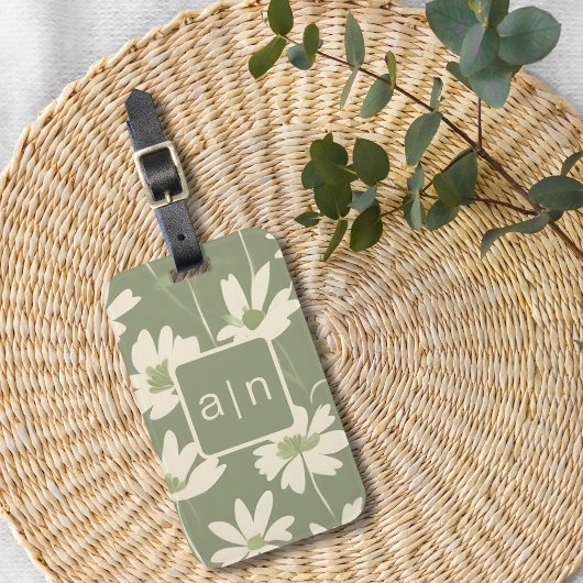 Monogram Moderne Groene Bloemen Bagagelabel