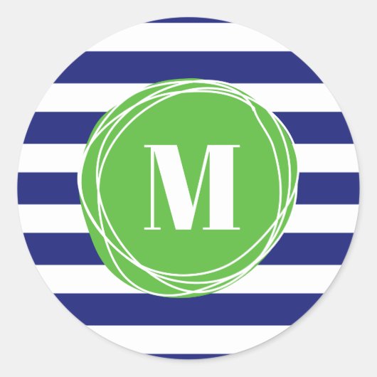 Monogram moderne groene en blauwe strepen ronde sticker (Voorkant)