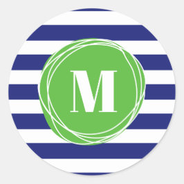Monogram moderne groene en blauwe strepen ronde sticker