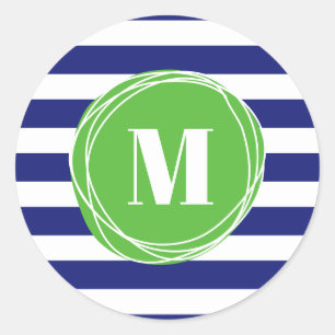 Monogram moderne groene en blauwe strepen ronde sticker