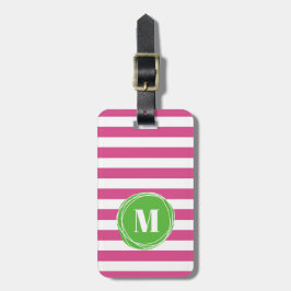 Monogram moderne groene en roze strepen bagagelabel