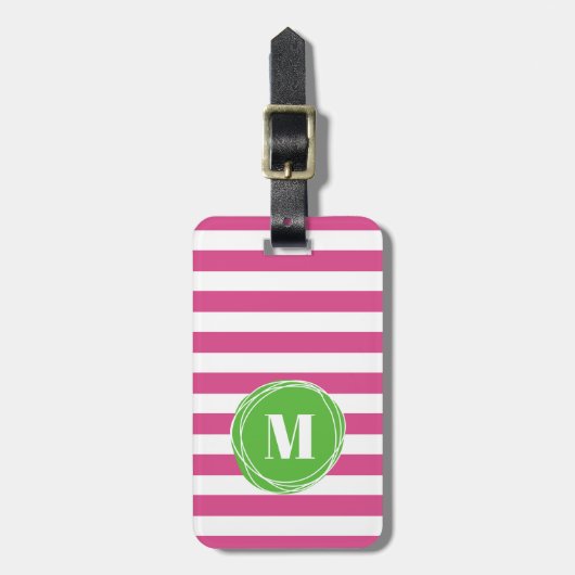 Monogram moderne groene en roze strepen bagagelabel (Voorkant verticaal)