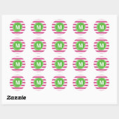 Monogram moderne groene en roze strepen ronde sticker (Vel)