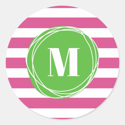 Monogram moderne groene en roze strepen ronde sticker (Voorkant)