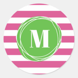 Monogram moderne groene en roze strepen ronde sticker