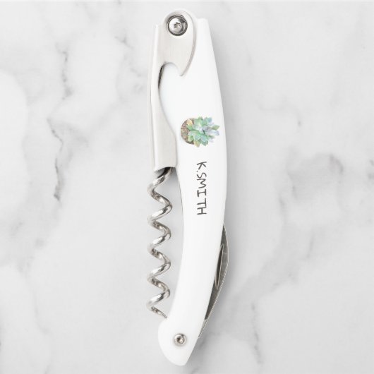 Monogram Moderne handgetekende Waterverf Succulent Kurkentrekker (Voorkant)