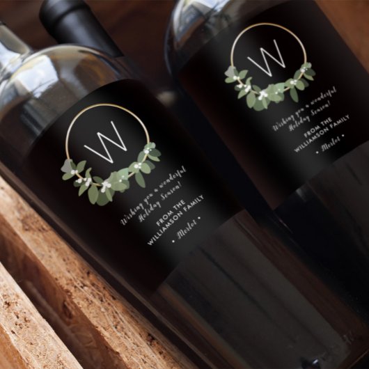 Monogram Moderne krans Gepersonaliseerde Kerstmis Wijn Etiket