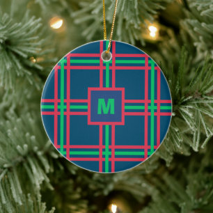 Monogram Moderne Marine Blauw Groen Plaid Vakantie Keramisch Ornament