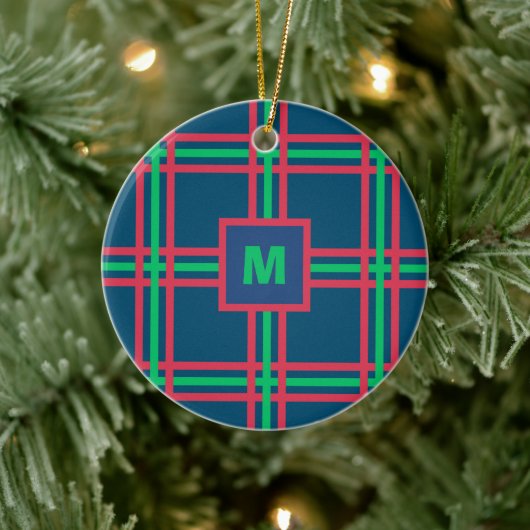 Monogram Moderne Marine Blauw Groen Plaid Vakantie Keramisch Ornament (Boom)