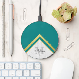 Monogram moderne marmer Blauwgroen Gold Chevron Na