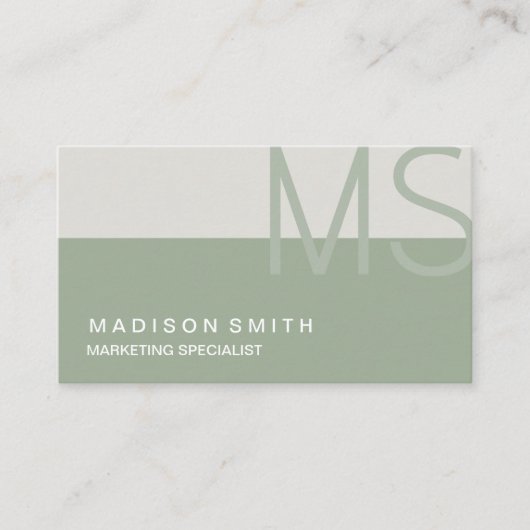 Monogram Moderne Minimale Sage Groene Beroeps Visitekaartje (Voorkant)