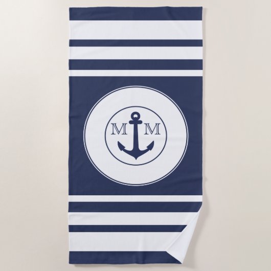 Monogram moderne Nautical Navy Blue White Stripes Strandlaken (Voorkant)
