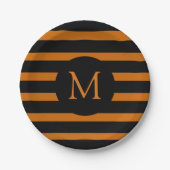 Monogram moderne Oranje en zwarte strepen Papieren Bordje (Voorkant)