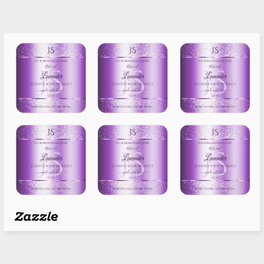 Monogram moderne Paarse Zachte Glitter Product Lab Vierkante Sticker (Vel)