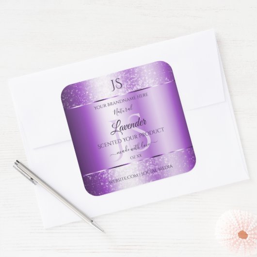 Monogram moderne Paarse Zachte Glitter Product Lab Vierkante Sticker (Envelop)