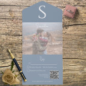 Monogram Moderne Photo Dusty Blue QR Code All In One Uitnodiging