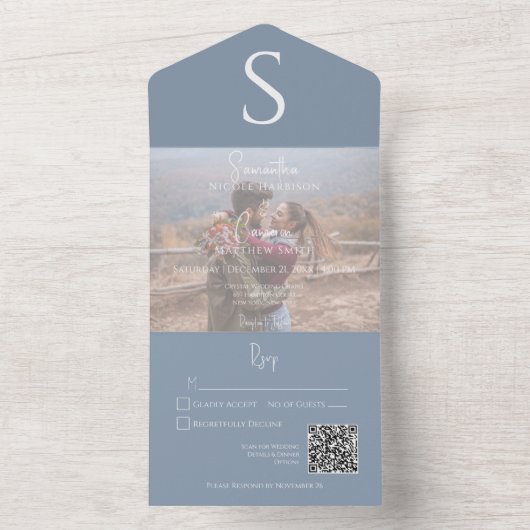 Monogram Moderne Photo Dusty Blue QR Code All In One Uitnodiging (Binnen)
