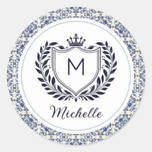 Monogram Moderne Portugese Tegel Azulejos Blauw Ronde Sticker