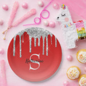 Monogram moderne Red Silver Glitter Drift Papieren Bordje (Feest)