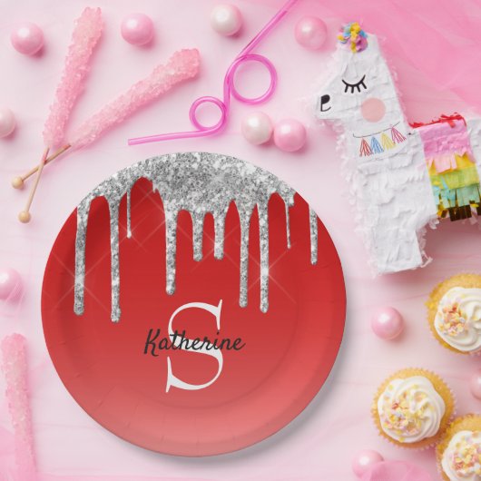 Monogram moderne Red Silver Glitter Drift Papieren Bordje (Feest)