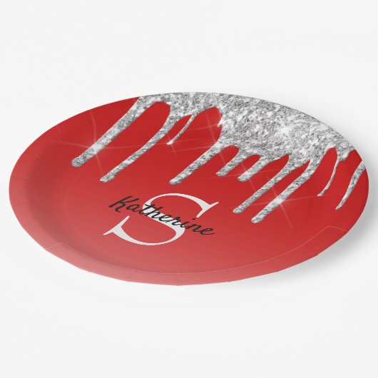 Monogram moderne Red Silver Glitter Drift Papieren Bordje (Gekanteld)